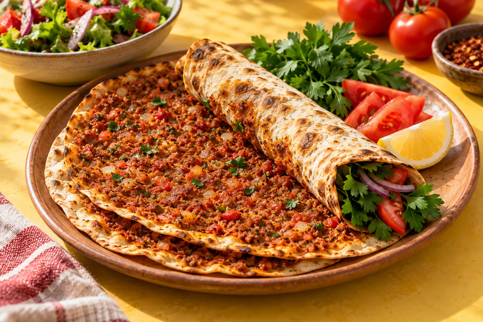 Illustratieve lahmacun met verse groenten en citroen op een warme lunchtafel