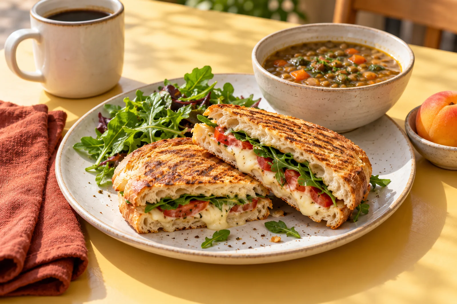 Illustratieve panini en linzensoep met koffie bij natuurlijk daglicht